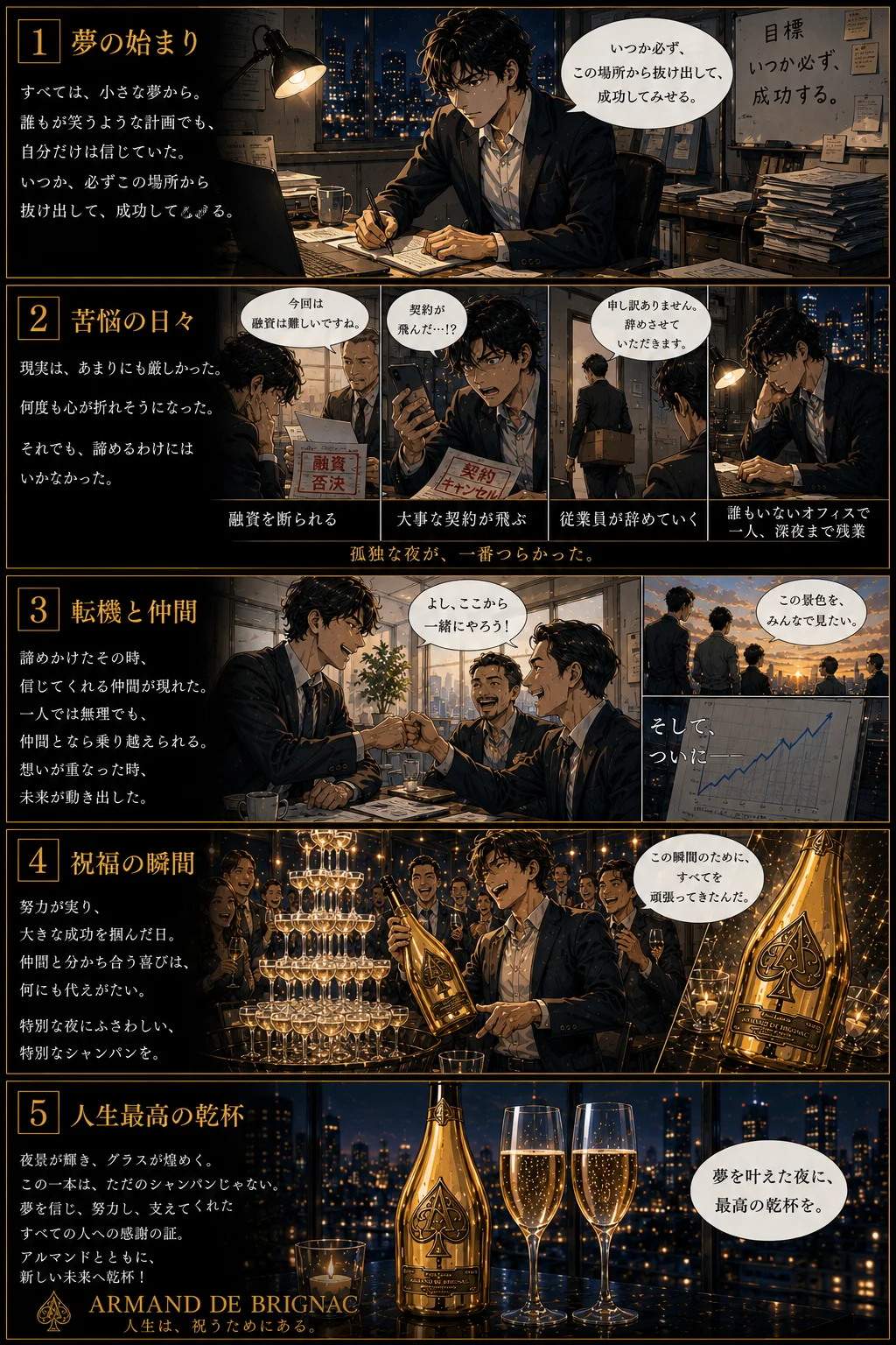 アルマンドの物語 全5コマ：夢の始まり、苦悩の日々、転機と仲間、祝福の瞬間、人生最高の乾杯