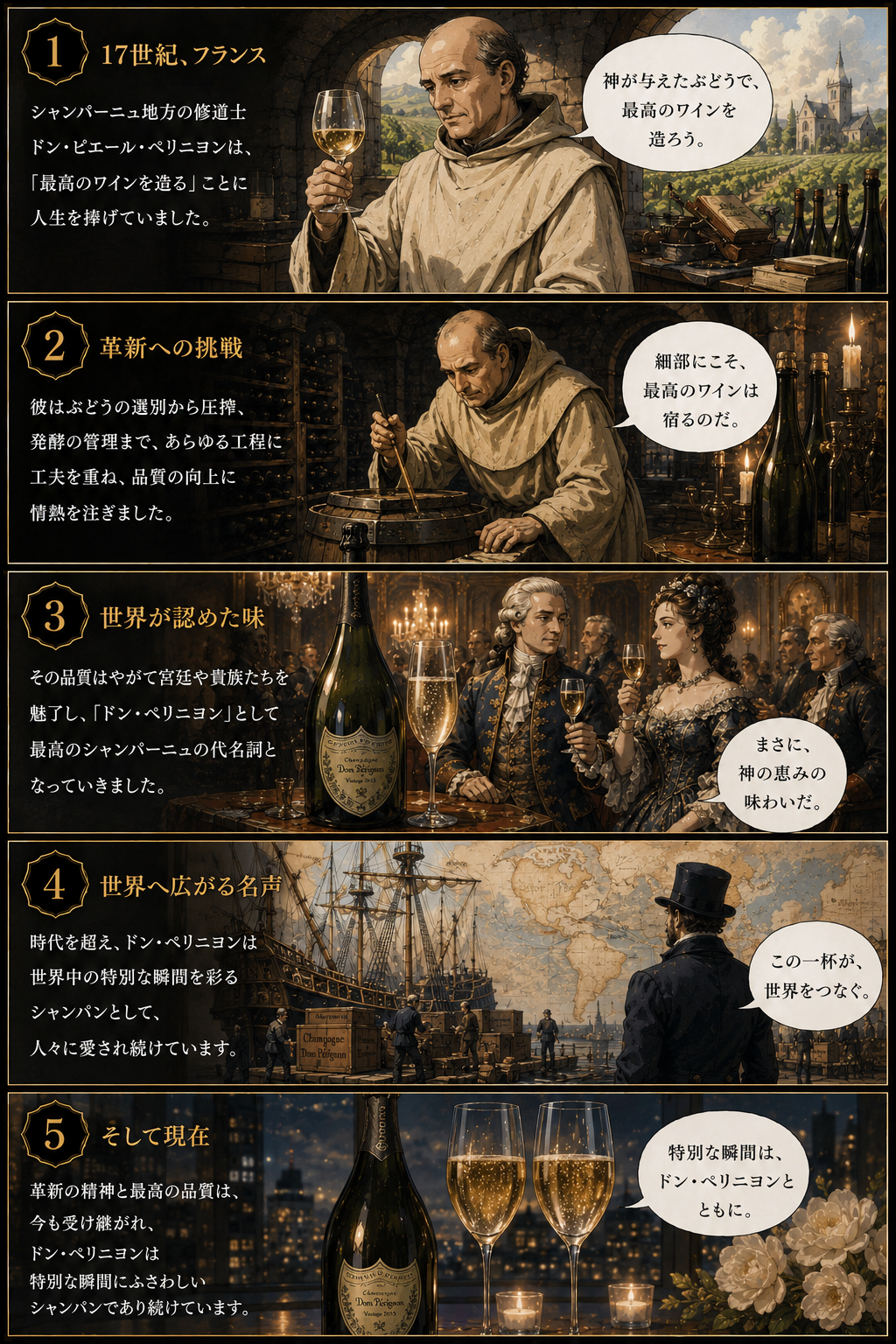 ドン・ペリニヨンの物語 全5コマ：①17世紀の修道士、②品質へのこだわり、③泡との出会い、④受け継がれる技術、⑤現在も特別な瞬間を彩るシャンパン